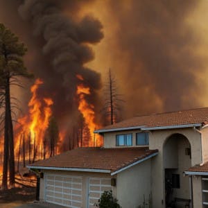 A wildfire burns near a home in California.