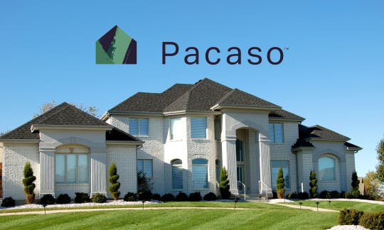 Pacaso logo and a luxury home