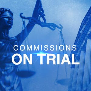 Commissions on trial with the scales of justice and courthouse columns.