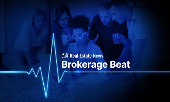 Brokerage Beat logo with a pulse line and people viewing laptop screen in background