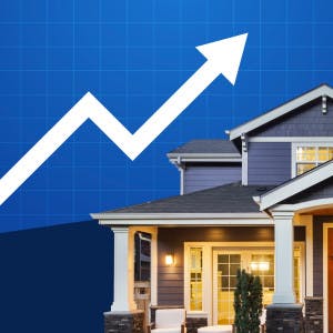 An upward arrow next to a home represents an increase in existing home sales.