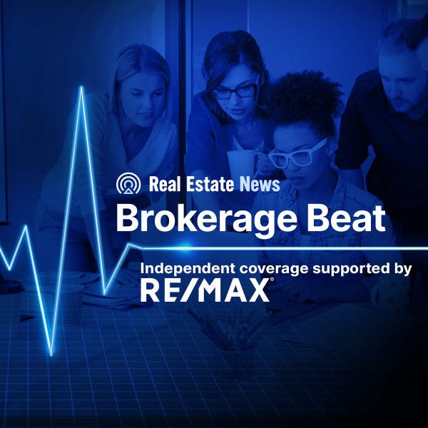"Brokerage Beat" and RE/MAX logo with a pulse line and people viewing laptop screen in background