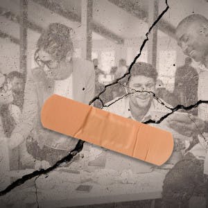 Crack with band-aid over it with overlay of people working