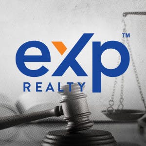 eXp logo on top of a background of gavel, scale and law book
