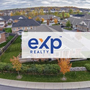 eXp Realty logo over an aerial view of suburban homes