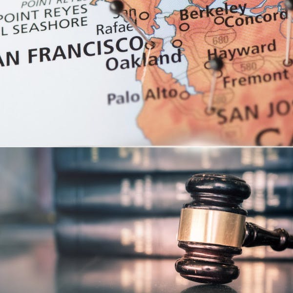 A map of the California Bay Area above a judge's gavel.