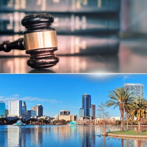 A gavel and a photo of the downtown Orlando, Florida skyline.