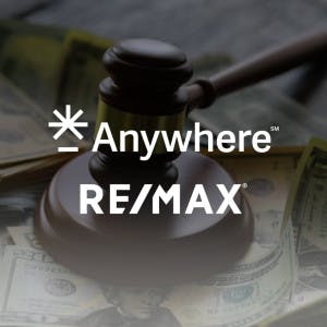 Anywhere and RE/MAX logos and a gavel over a pile of large bills.