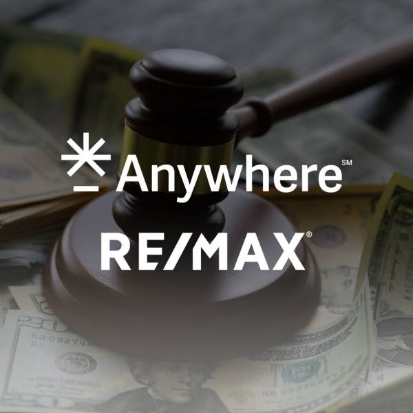 Anywhere and RE/MAX logos and a gavel over a pile of large bills.