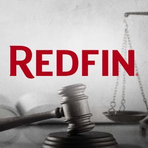 Redfin logo and a gavel and scales of justice.