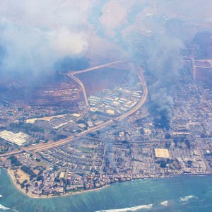 Hawaii Wing aerial survey of the extensive damage caused by the Maui brush fires, captured August 8, 2023.