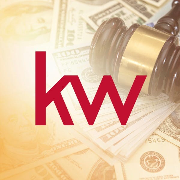 Keller Williams logo and a gavel on a pile of money