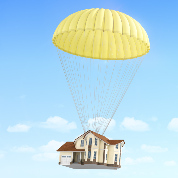 House hanging from parachute