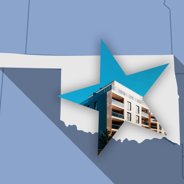 Oklahoma City in star with map of Oklahoma state 