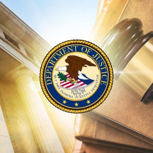 The Department of Justice seal and a courthouse and gavel