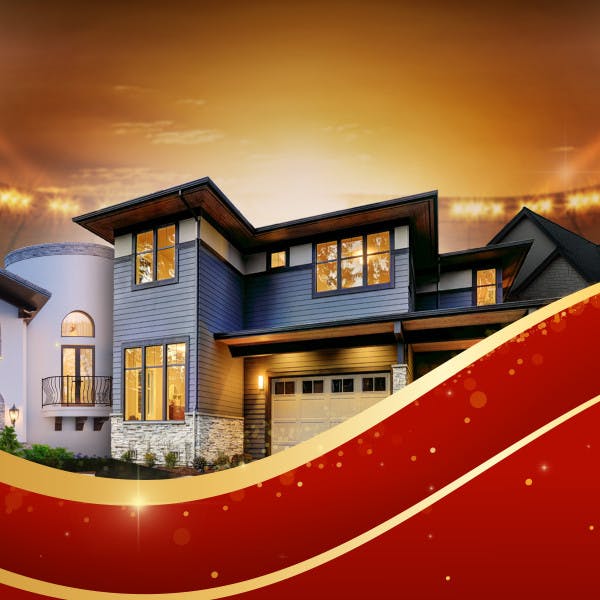Luxury house with red and gold swoop in front with football stadium lights