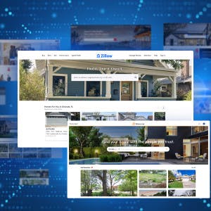 The Zillow and Homes.com homepages against a background of other real estate home search portals.