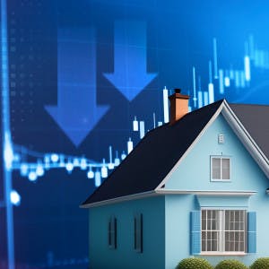 Downward-pointing arrows next to a house and a backdrop of financial charts