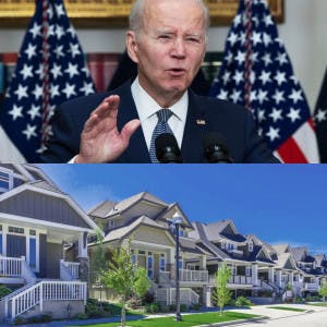 Joe Biden and a row of suburban homes