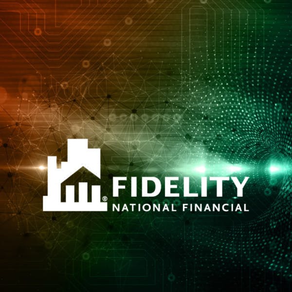 Fidelity National Financial logo against an abstract dark background.