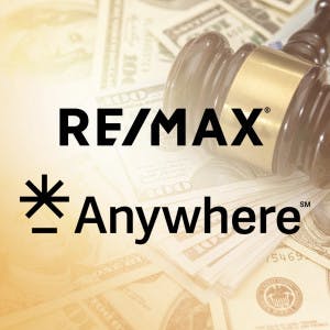RE/MAX and Anywhere Real Estate logos and a gavel on a pile of money.