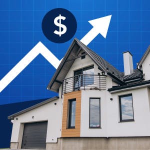 An upward arrow next to a house represents home price growth.