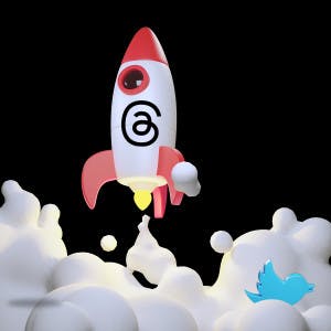 A rocket ship with the Threads logo blows past the Twitter icon.