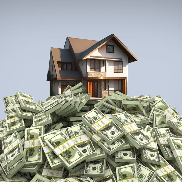 A house sits atop a pile of money.