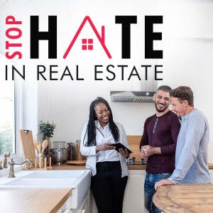 A Black real estate agent shows a home to a gay couple. 
