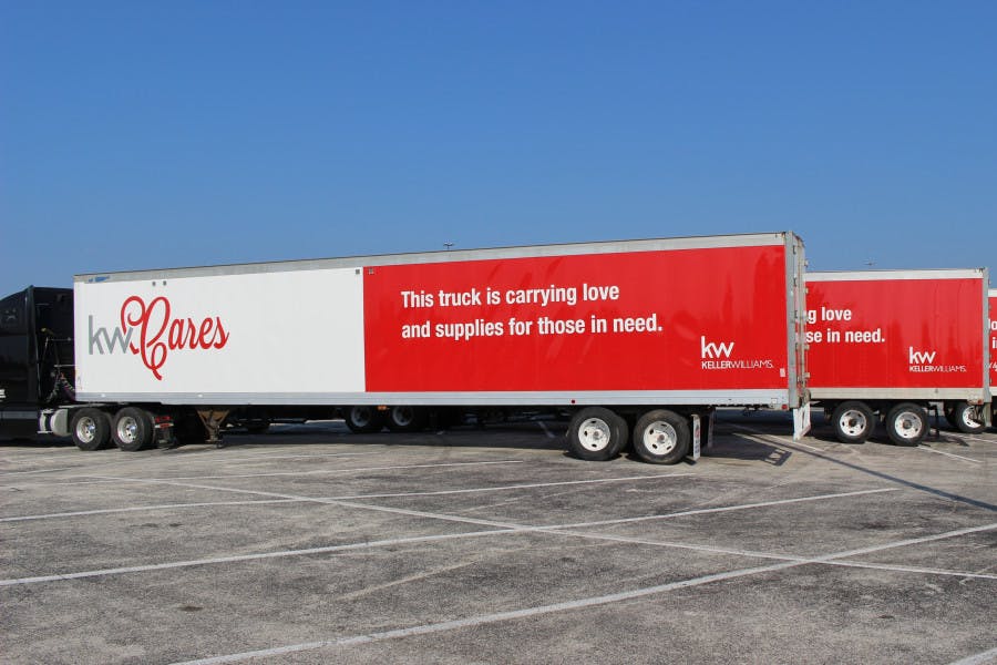 KW Cares trucks prepare to deliver generators, groceries and other basic supplies to agents and their family members.
