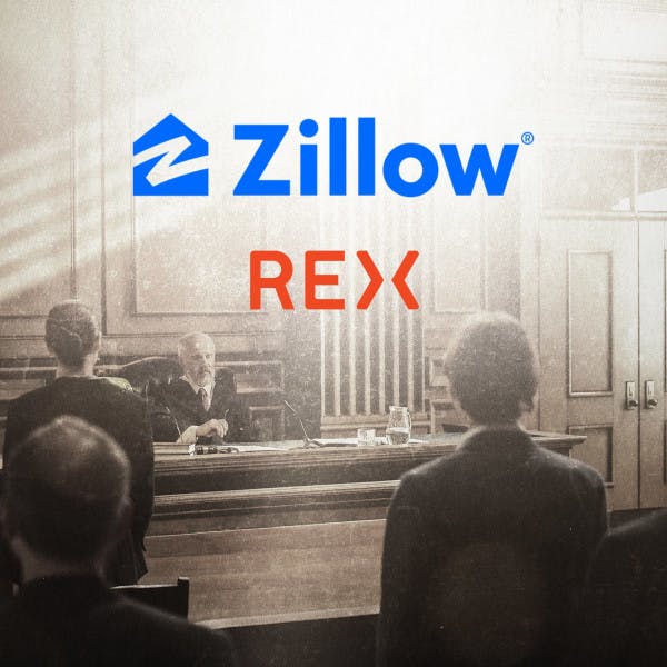 Zillow and REX logos against a backdrop of a courtroom