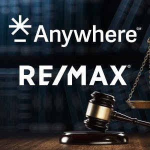 Anywhere Real Estate and RE/MAX logos next to a gavel and the scales of justice.
