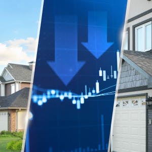 Suburban homes and downward arrows above a financial chart