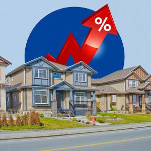 An upward-trending arrow above a row of houses represents rising mortgage rates.