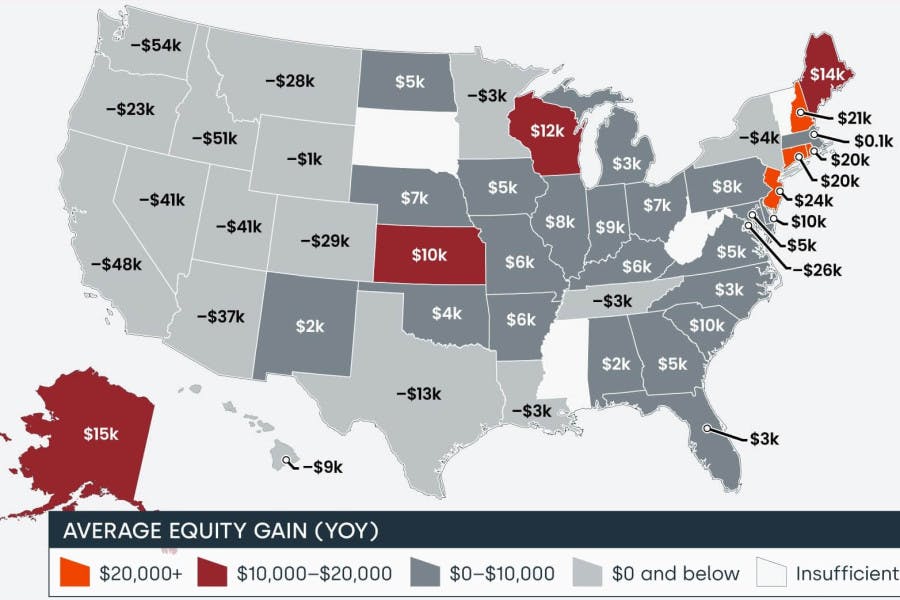 Average home equity changes by U.S. state year over year, Q2 2023