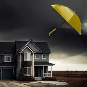 A large umbrella protecting a home blows away in the wind.