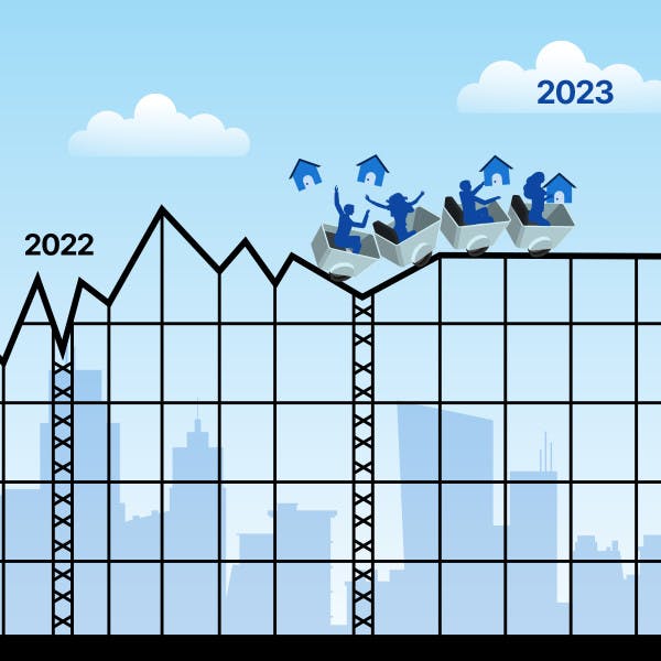 Illustration of people holding houses on timeline rollercoaster of 2022 to 2023
