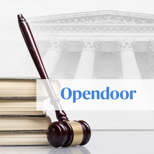 Opendoor logo and a gavel in front of a courthouse