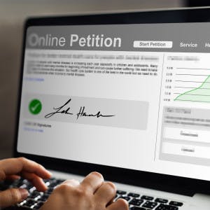 A person enters their name on an online petition.