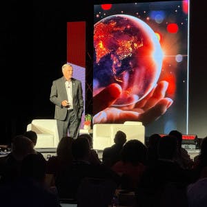Stefan Swanepoel on stage at the T3 Leadership Summit in Scottsdale, AZ, on April 23.