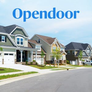Opendoor logo and a suburban home development