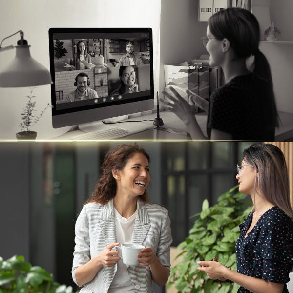 Split image: Above is woman video calling coworkers and bottom  is two women talking