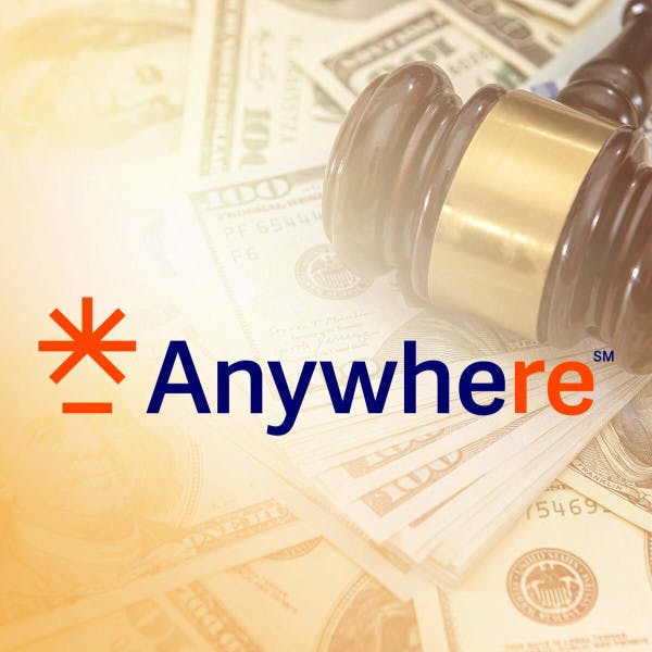 Anywhere Real Estate logo against a backdrop of a gavel and money.