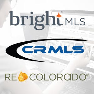 brightMLS CRMLS and REcolorado logos over image of woman on a desktop computer