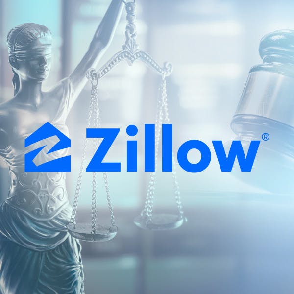 The scales of justice and a gavel frame the Zillow logo.