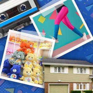 A collage of 1980s images: cassette tape, Care Bears, leg warmers and an '80s-era home.