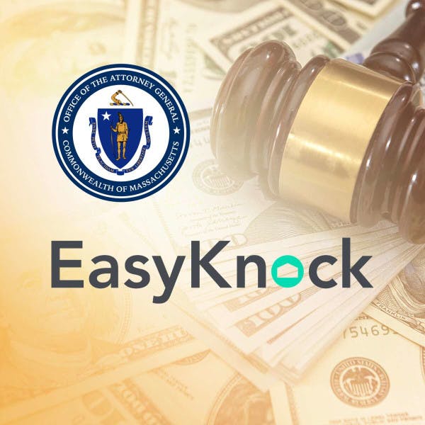 Office of the Attorney General of Massachusetts seal, EasyKnock logo and a gavel and money.