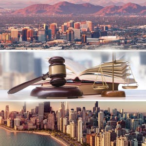 Phoenix and Chicago skylines with a judge's gavel and scales of justice