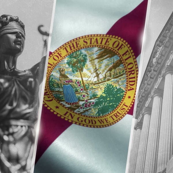 The Florida state flag and the scales of justice.