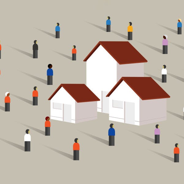 Illustrated figures representing different ethnicities stand around a cluster of houses.